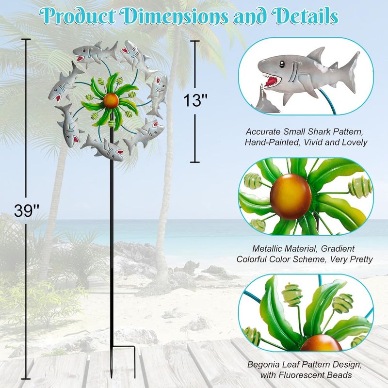 Senflame Shark Outdoor Wind Spinners - 39" Ocean-Themed Metal Wind Sculptures Garden Stake Art, 13.5” Windmill Yard Kinetic, Outdoor Decor for Patio & Lawn - Metal Beach Sculpture with Shark Design - Image 3